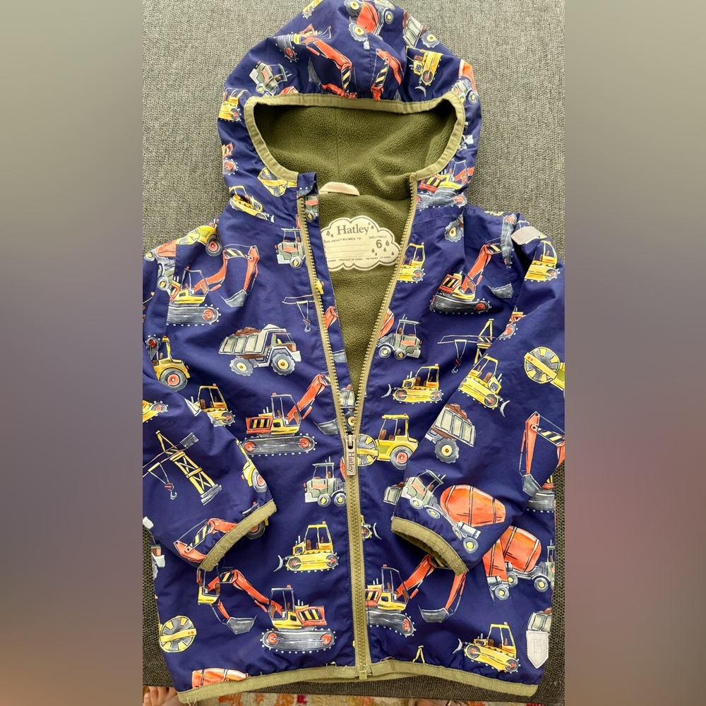 Hatley rain jacket/ fleece lined Blue Construction Jacket size 6